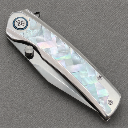 VORIXN "Ocean Mirage" Flipper & Thumb Stud Knife White Mother-of-pearl Inlaid Titanium Handle (3.8" M390 Blade) KB093
