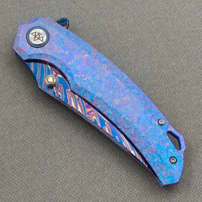 VORIXN "Rimeflare" (3.7" Damascus Blade) Crystallized Titanium Handle Flipper & Thumb Stud Folding Knife - KB132