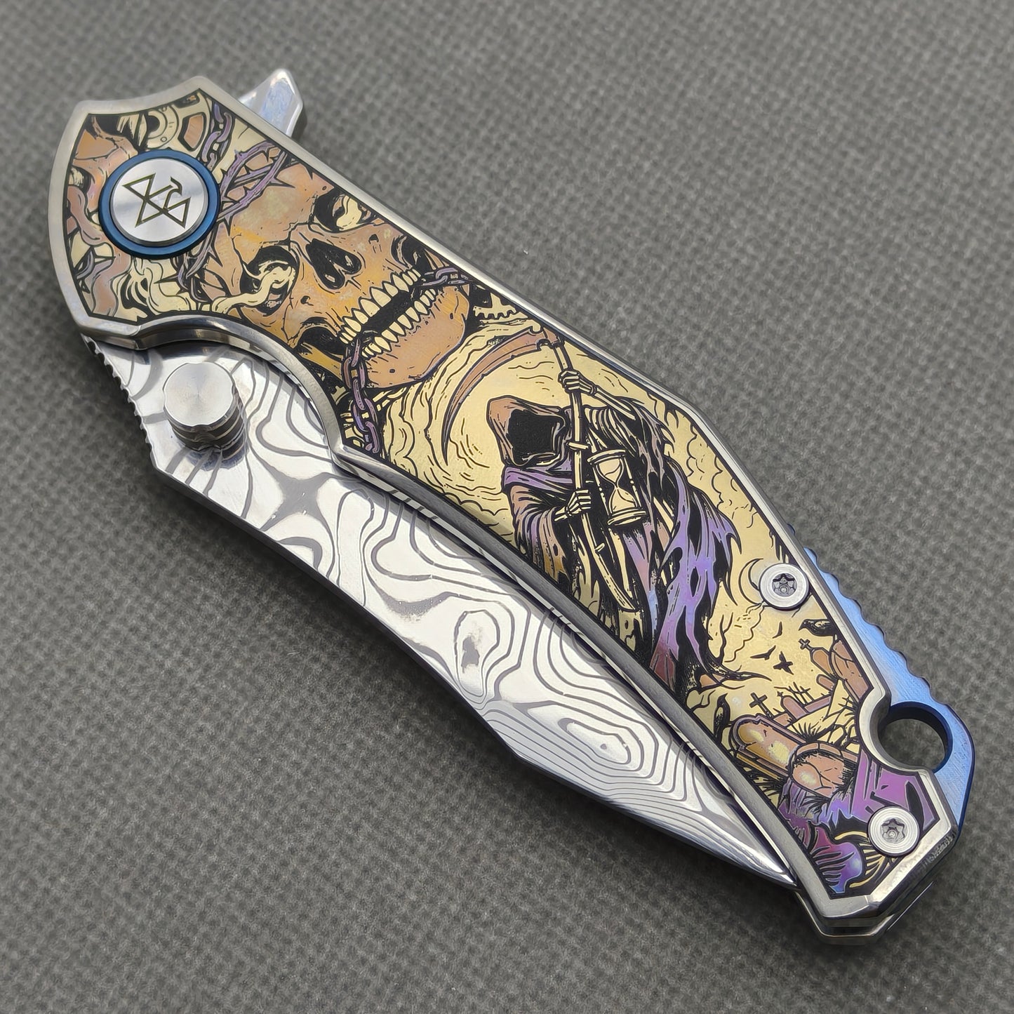 VORIXN "Requiem" (3.5" Damascus Blade) Engraved Titanium Handle Flipper & Thumb Stud Folding Knife - KB114