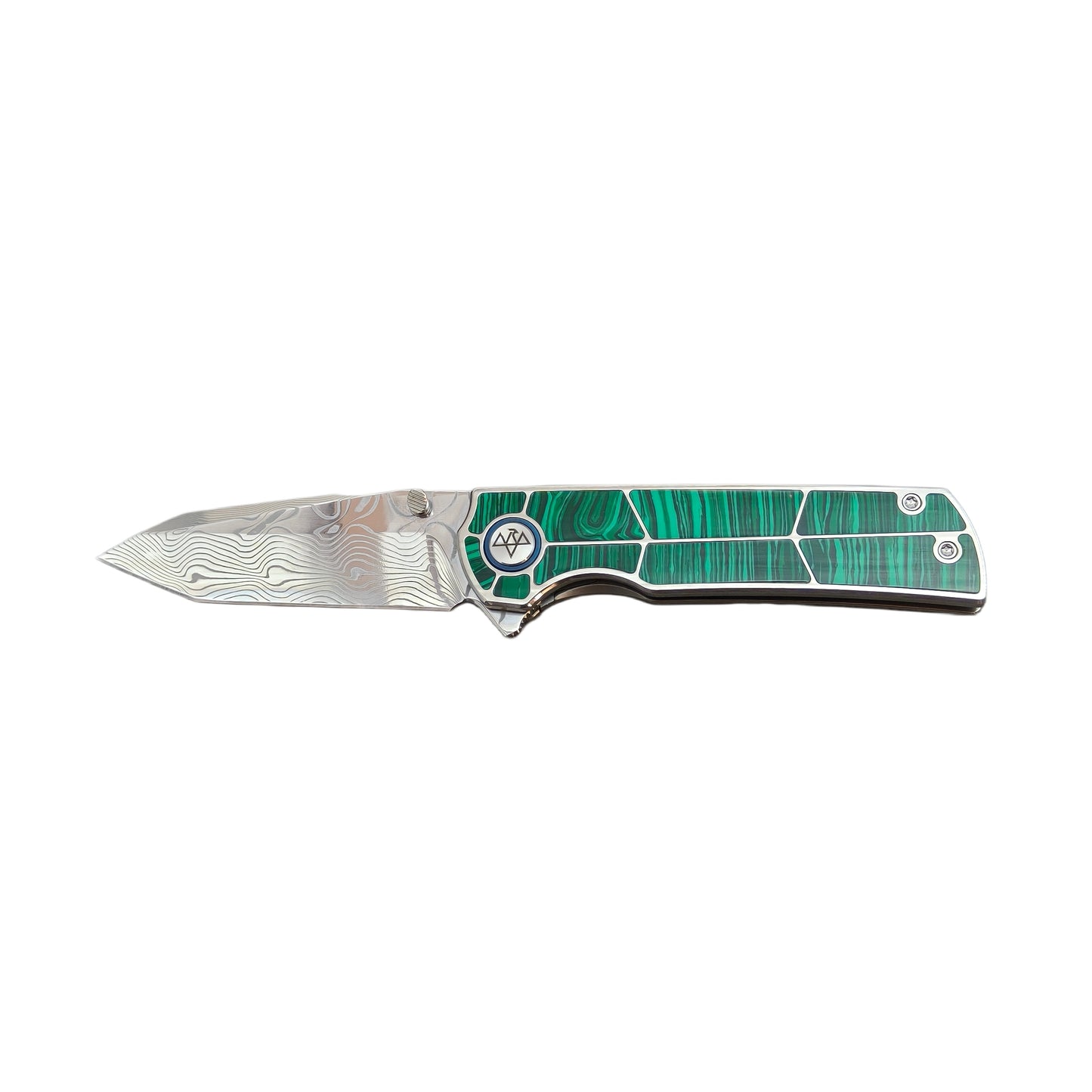 VORIXN "Forest Mirage" Flipper & Thumb Stud Knife Malachite Inlaid Titanium Handle (3.4" Damascus Blade) KB062