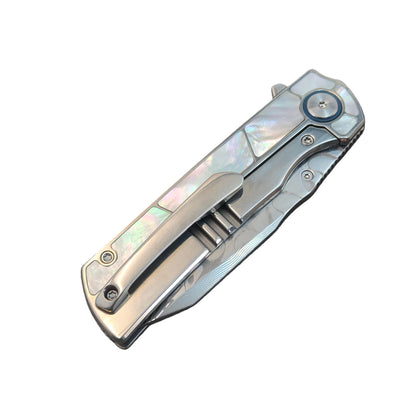 VORIXN "Forest Mirage" Flipper & Thumb Stud Knife White Mother-of-pearl Inlaid Titanium Handle (3.4" Damascus Blade) KB063
