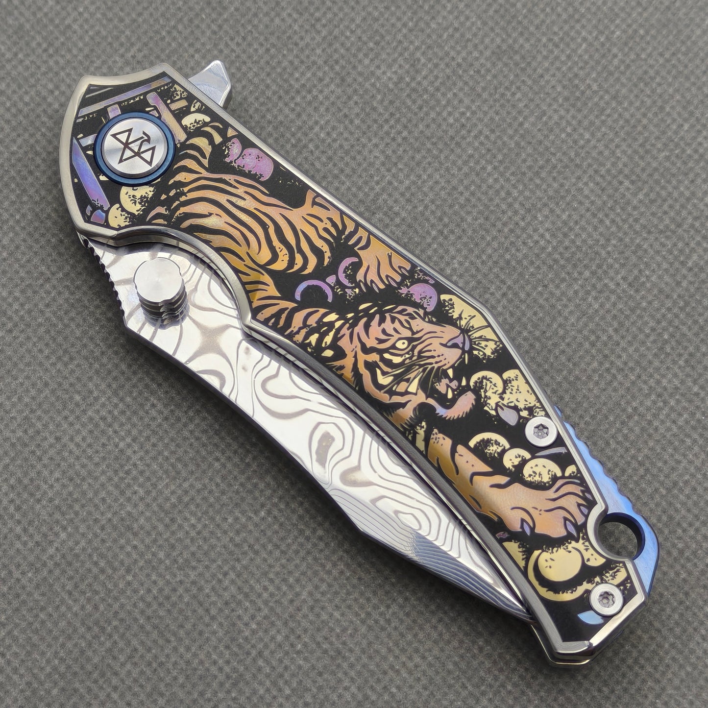 VORIXN "Dominion" (3.5" Damascus Blade) Engraved Titanium Handle Flipper & Thumb Stud Folding Knife - KB115