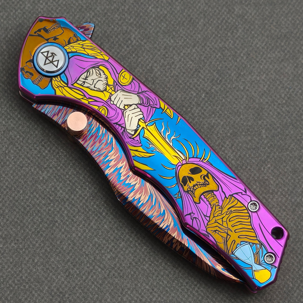 VORIXN "Duskborne" (3.8" Damascus Blade)  Titanium Handle Flipper & Thumb Stud Folding Knife - KB145