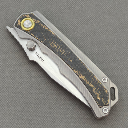 RIHE Design Folding Knife Titanium+Gold Flake Carbon Fiber Inlay Handle (3.6" M390 Blade) KB107