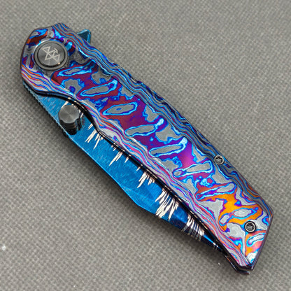 Vorixn "Aurora Black" Flipper & Thumb Stud Knife Hand-Flamed Zirconium Handle (3.8" Feather Damascus Blade) KB112