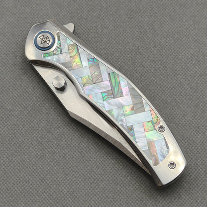 VORIXN "Ocean Mirage" Flipper & Thumb Stud Knife Mother-of-pearl Inlaid Titanium Handle (3.9" M390 Blade) KB066