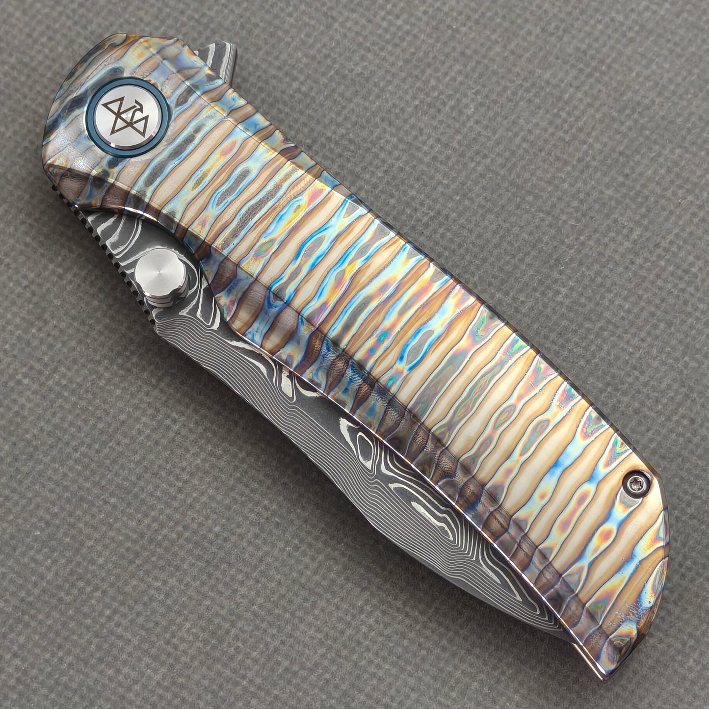 VORIXN "Flamecrest" (3.7" Damascus Blade) Hand-Flamed Titanium Handle Flipper & Thumb Stud Folding Knife - KB013