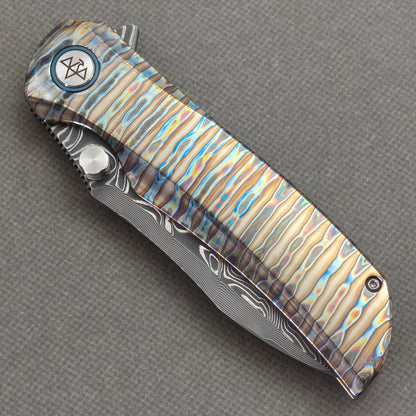 VORIXN "Flamecrest" (3.7" Damascus Blade) Hand-Flamed Titanium Handle Flipper & Thumb Stud Folding Knife - KB013