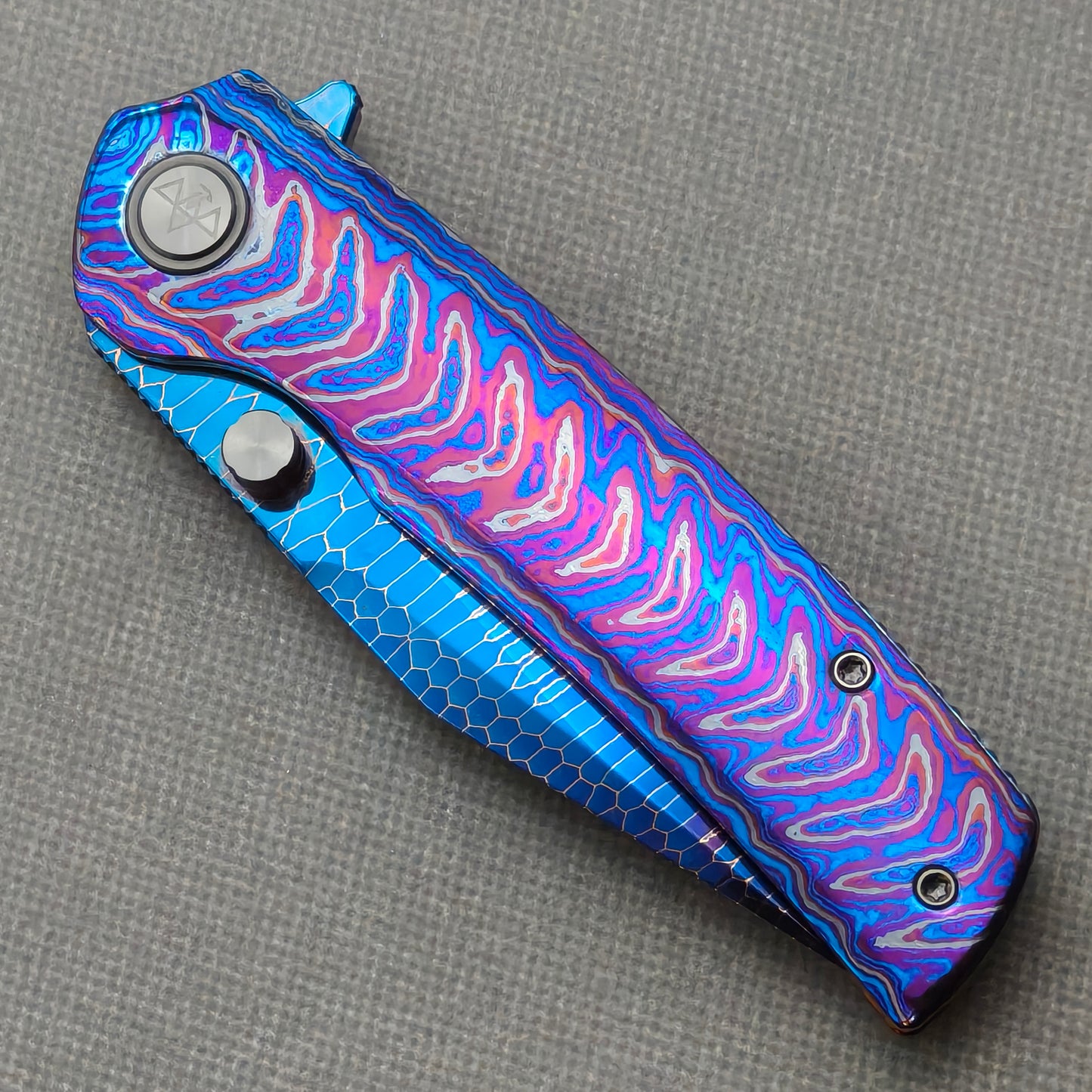 Vorixn "Celestial Current" Flipper & Thumb Stud Knife Hand-Flamed Zirconium Handle (3.8" Damascus Blade) KB099