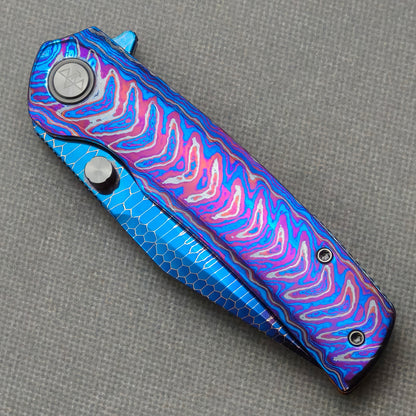 Vorixn "Celestial Current" Flipper & Thumb Stud Knife Hand-Flamed Zirconium Handle (3.8" Damascus Blade) KB099