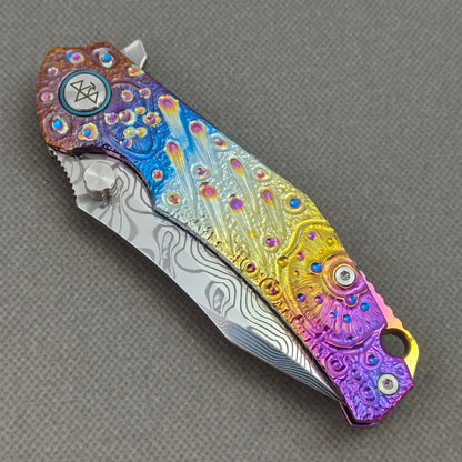 VORIXN "Prism" (3.5" Damascus Blade) Hand-Engraved & Anodized Titanium Handle Flipper & Thumb Stud Folding Knife - KB121