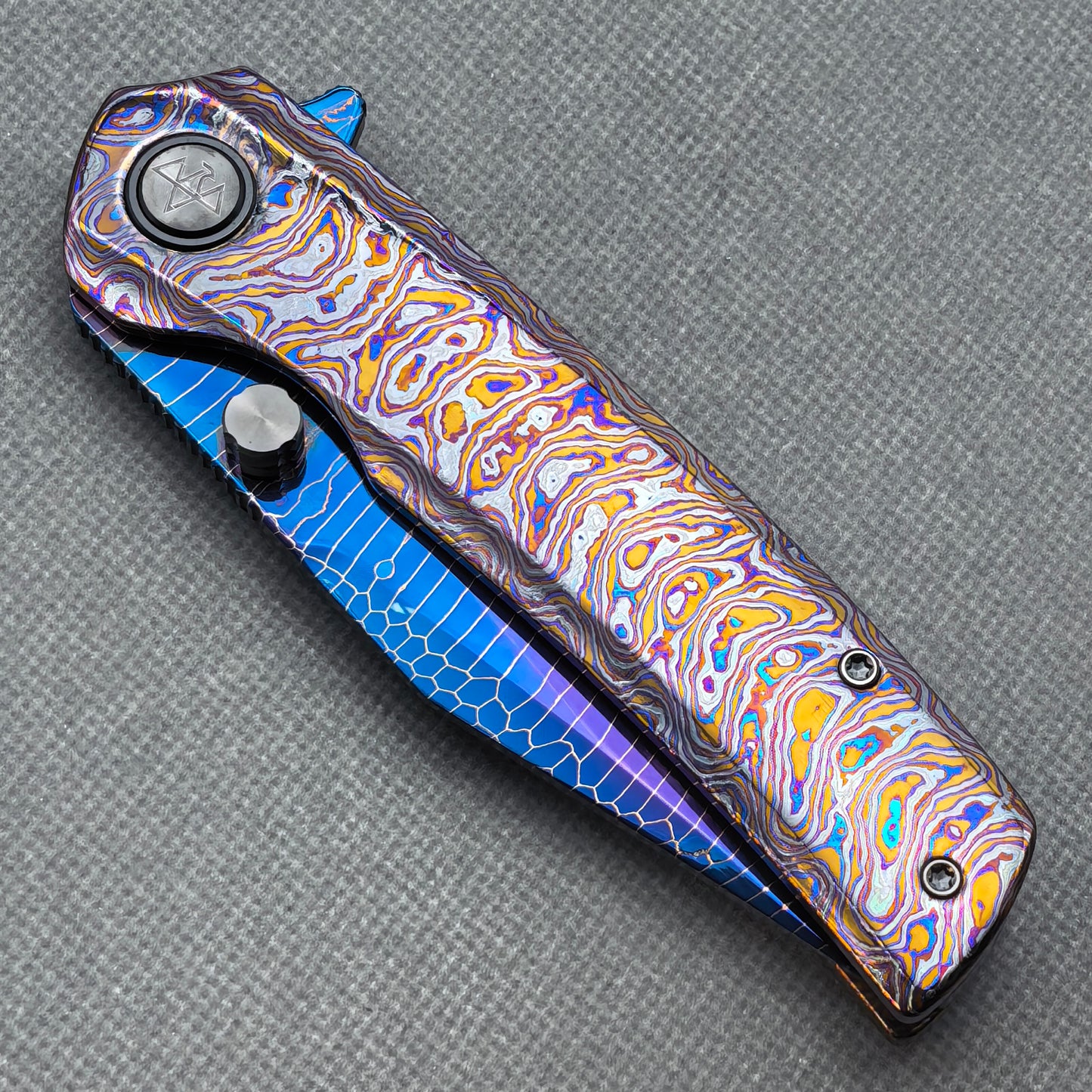 Vorixn "Celestial Vein" Flipper & Thumb Stud Knife Hand-Flamed Zirconium Handle (3.8" Damascus Blade) KB091