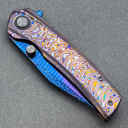 Vorixn "Celestial Vein" Flipper & Thumb Stud Knife Hand-Flamed Zirconium Handle (3.8" Damascus Blade) KB091