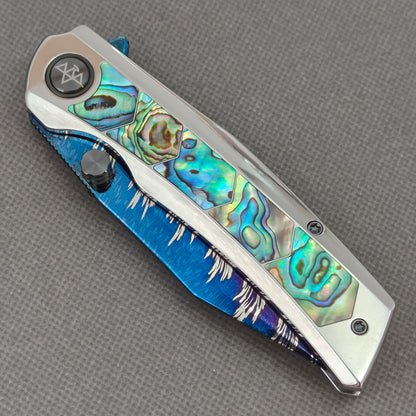 VORIXN "Ocean Aurora" Flipper & Thumb Stud Knife Deep-sea Abalone Shell Inlay Titanium Handle (3.8" Feather Damascus Blade) KB111