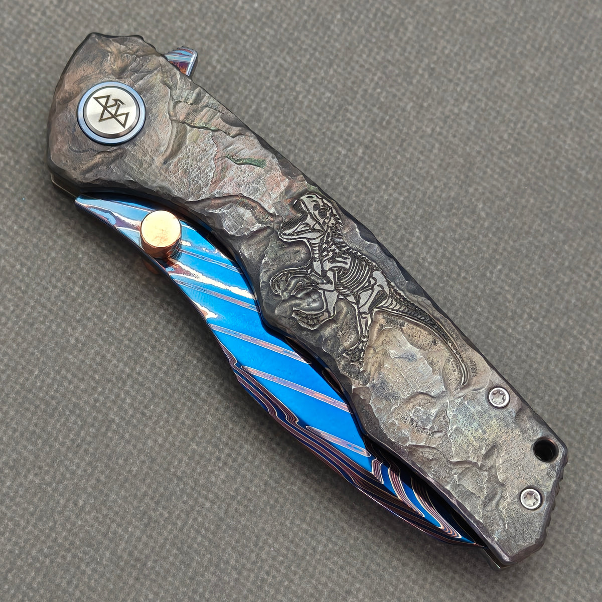 VORIXN "Fossilshade" (3.8" Damascus Blade)  Titanium Handle Flipper & Thumb Stud Folding Knife - KB153