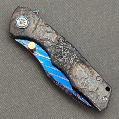 VORIXN "Fossilshade" (3.8" Damascus Blade)  Titanium Handle Flipper & Thumb Stud Folding Knife - KB153