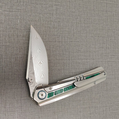 VORIXN "Forest Mirage" Flipper & Thumb Stud Knife Malachite Inlaid Titanium Handle (3.6" Damascus Blade) KB056