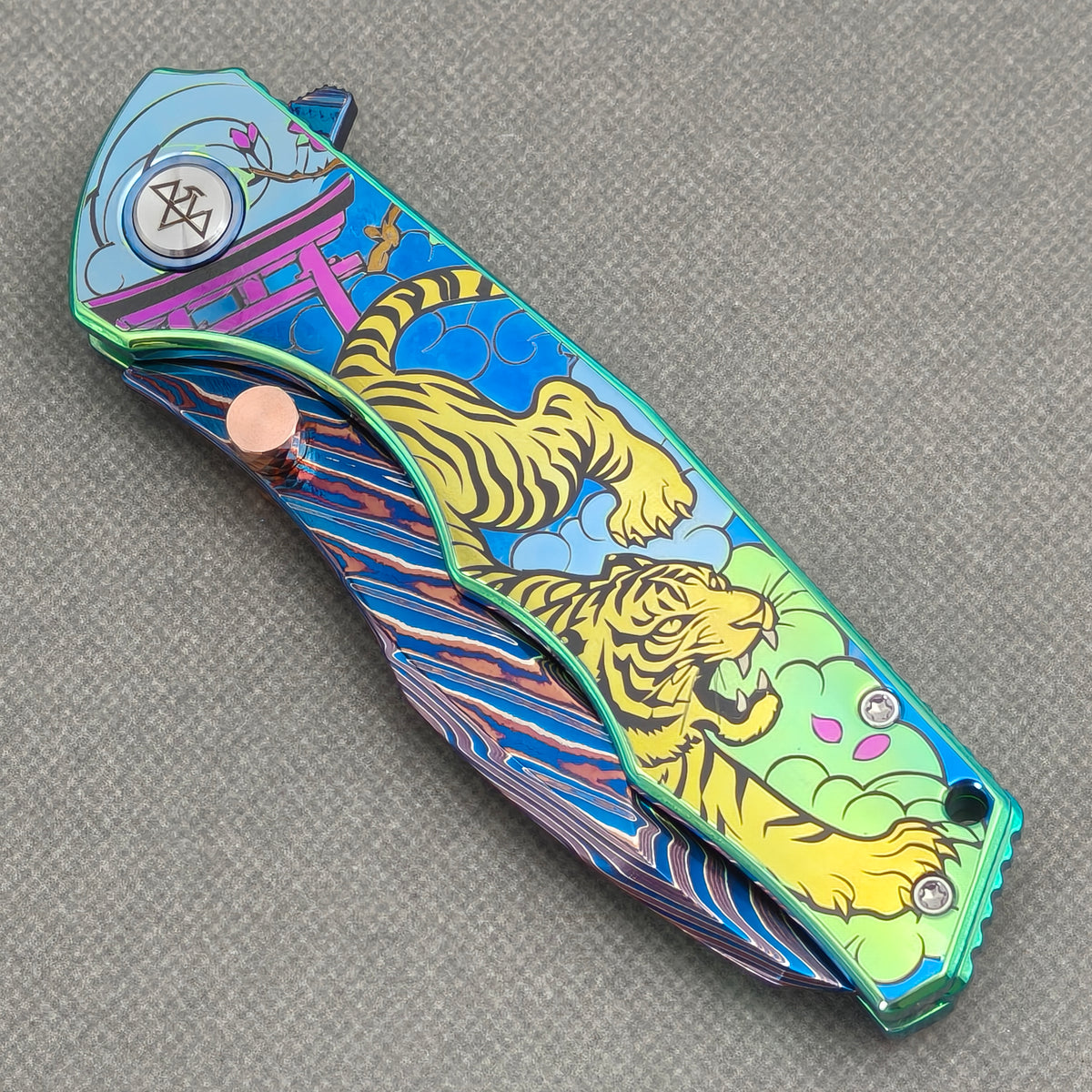 VORIXN "Tigerflow" (3.8" Damascus Blade)  Titanium Handle Flipper & Thumb Stud Folding Knife - KB149