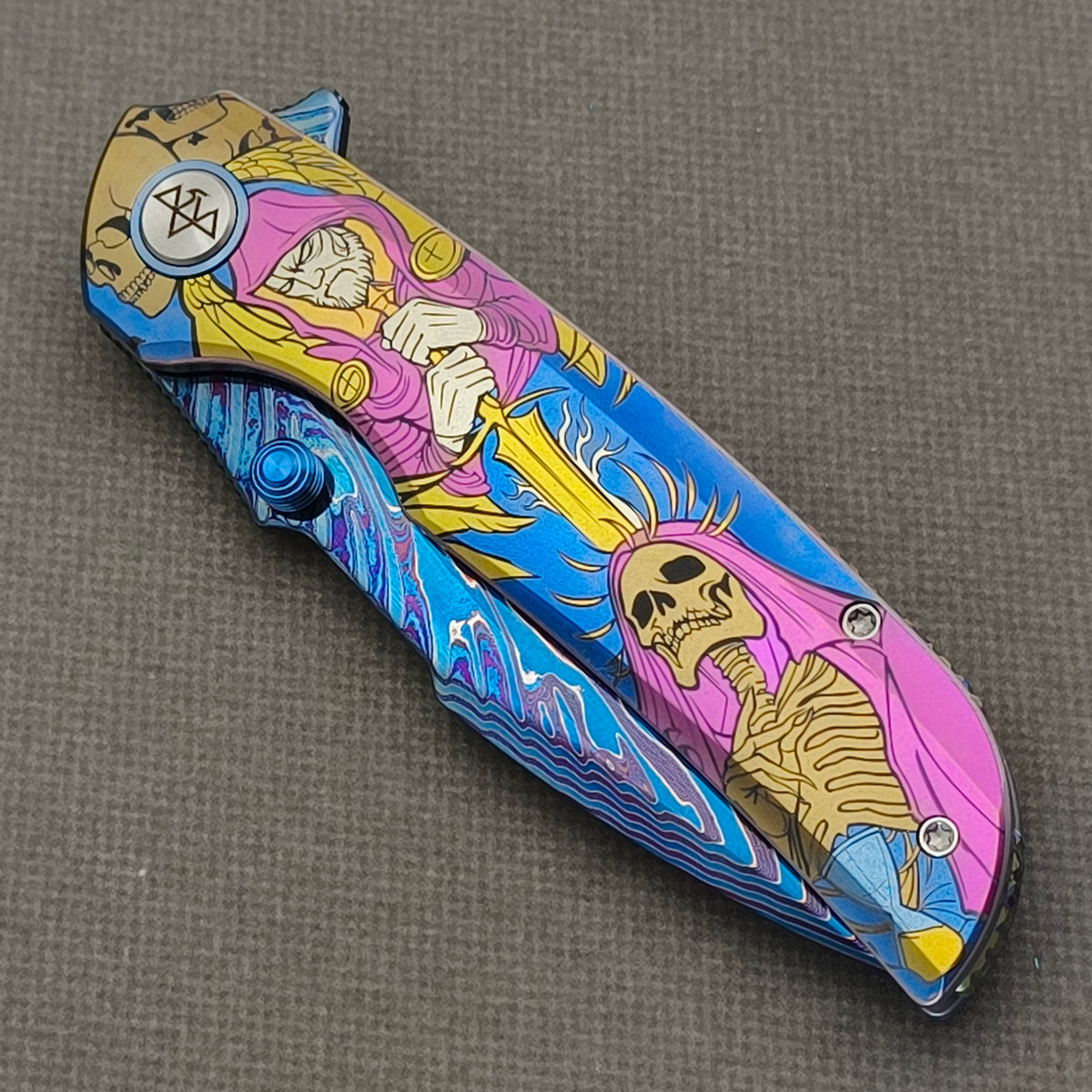 VORIXN "Echoshroud" (3.8" Damascus Blade)  Titanium Handle Flipper & Thumb Stud Folding Knife - KB156