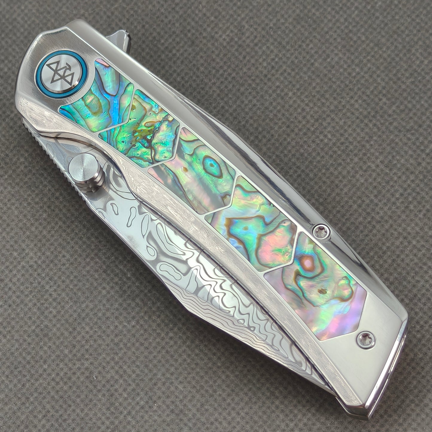 VORIXN "Ocean Mirage" Flipper & Thumb Stud Knife Deep-sea Abalone Shell Inlay Titanium Handle (3.7" Damascus Blade) KB108