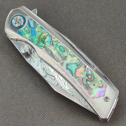 VORIXN "Ocean Mirage" Flipper & Thumb Stud Knife Deep-sea Abalone Shell Inlay Titanium Handle (3.7" Damascus Blade) KB108
