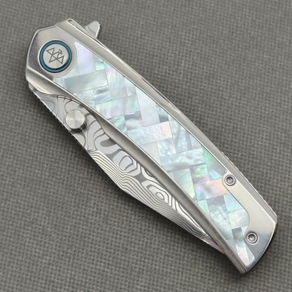 VORIXN "Ocean Mirage" Flipper & Thumb Stud Knife White Mother-of-pearl Inlaid Titanium Handle (3.8" Damascus Blade) KB084
