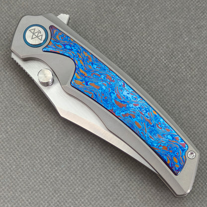 Vorixn "Abyssal" Flipper & Thumb Stud Knife Damascus Titanium Handle (3.7" 10Cr15CoMoV Blade) KB101