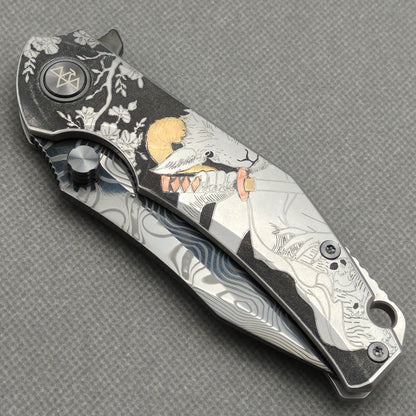 Vorixn "Yokai" Flipper & Thumb Stud Knife Laser-Engraved & Hand-Inlaid Copper Accents Titanium Handle (3.4" Damascus Blade) KB106