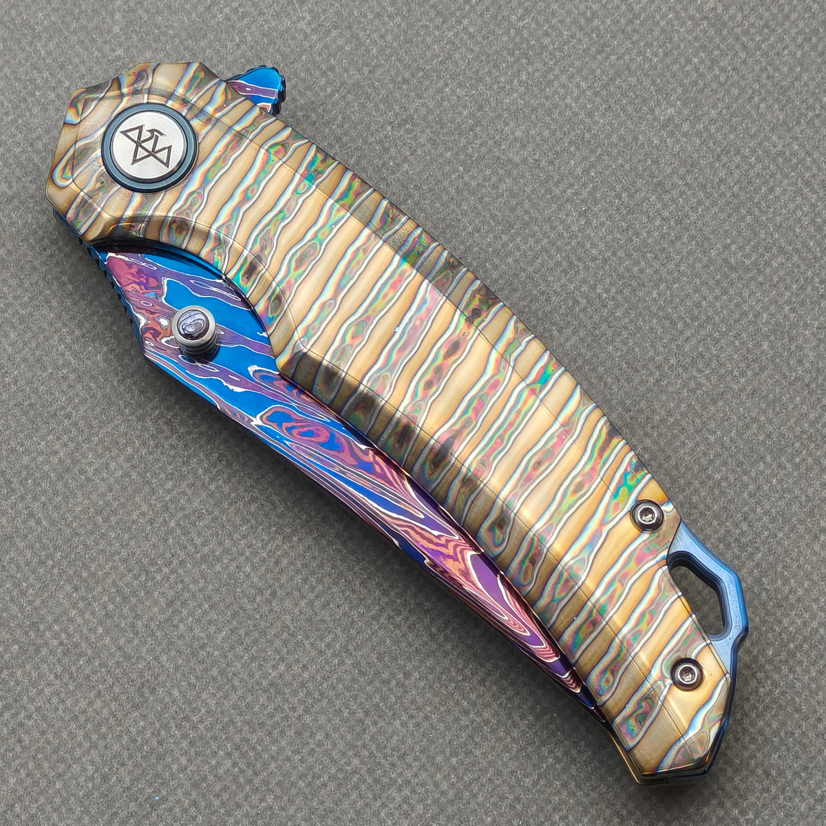 VORIXN "Chromaforge" (3.7" Damascus Blade) Hand-Flamed Titanium Handle Flipper & Thumb Stud Folding Knife - KB135