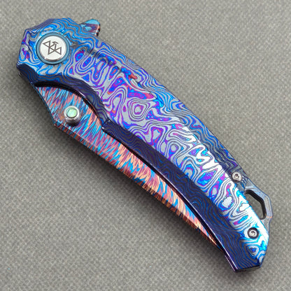 VORIXN "Strata" (3.7" Damascus Blade) ZircuTi Handle Flipper & Thumb Stud Folding Knife - KB134