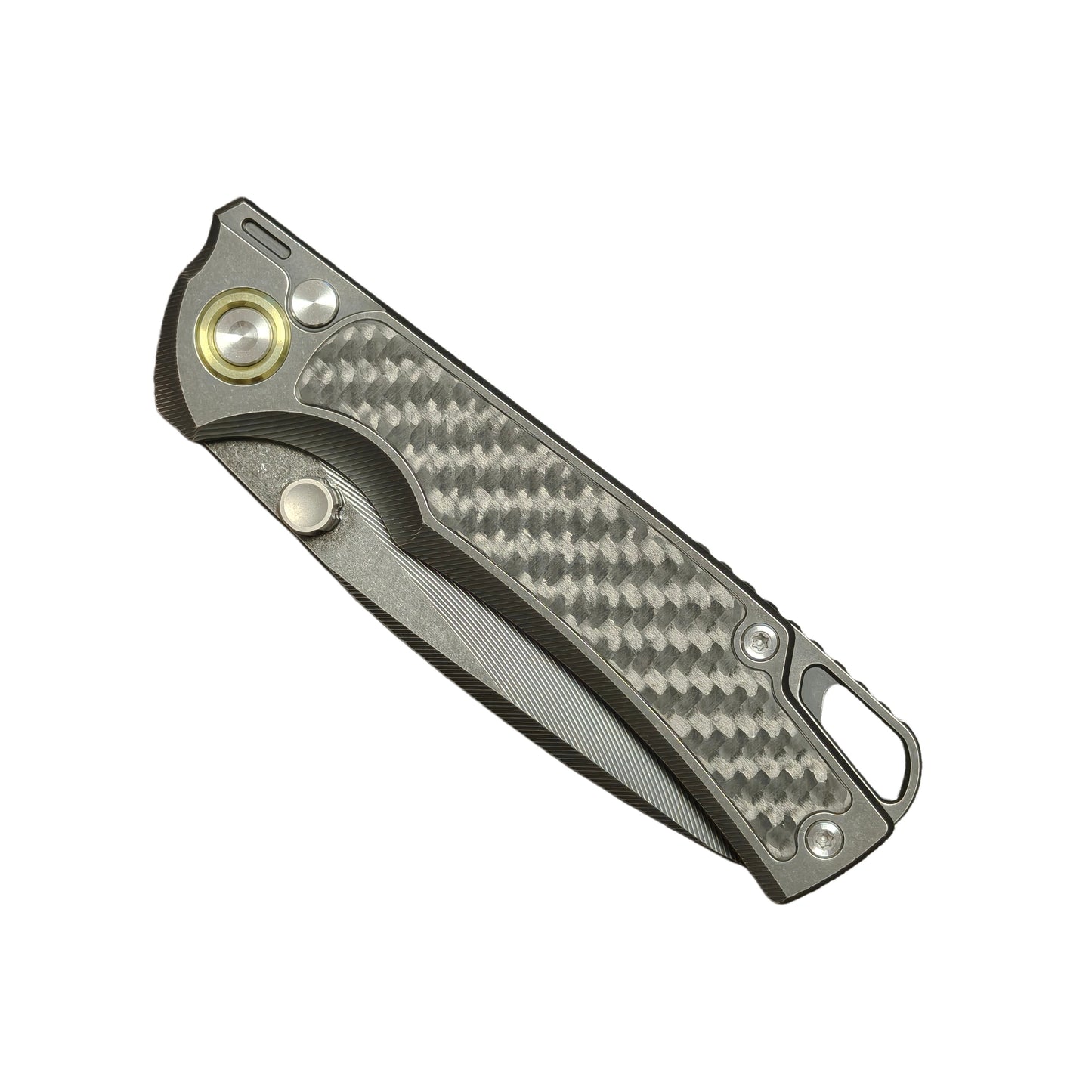 3. VORIXN KB077 folding knife closed non-clip side full view showcasing titanium handle with carbon fiber inlay