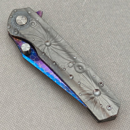 Vorixn "Impact Origin" Flipper & Thumb Stud Knife DLC-Coated Titanium-Engraved Anodized Handle (3.6" Damascus steel Blade) KB095
