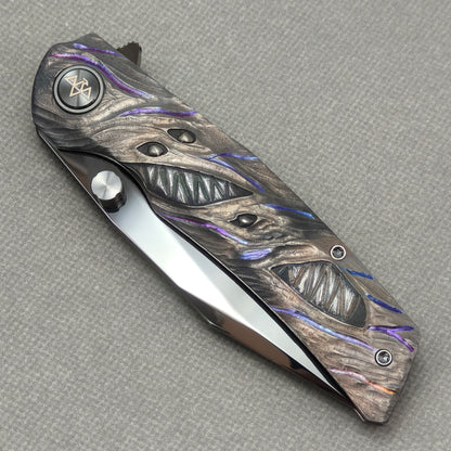 VORIXN "Voidmaw" (3.8" M390 Blade) Hand-Engraved & Anodized Titanium Handle Flipper & Thumb Stud Folding Knife - KB123