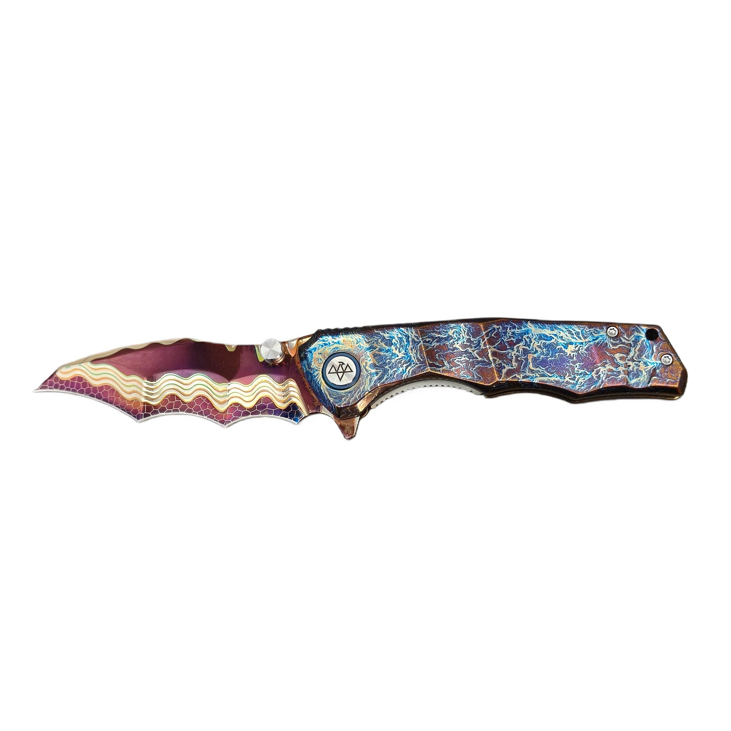 VORIXN "Drakescale" Flipper & Thumb Stud Knife Titanium Hand-Flamed Handle (3.6" Copper San Mai Dragon ScaleDamascus Blade) KB057