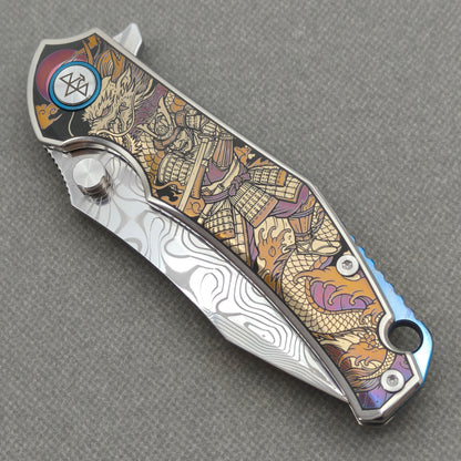 VORIXN "Mythos" (3.5" Damascus Blade) Engraved Titanium Handle Flipper & Thumb Stud Folding Knife - KB124