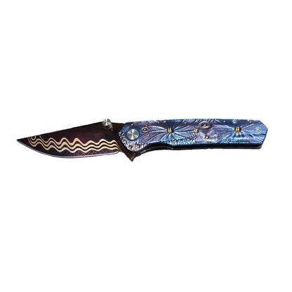 VORIXN Impact Origin premium titanium Damascus pocket knife open, non-clip side, blade horizontal