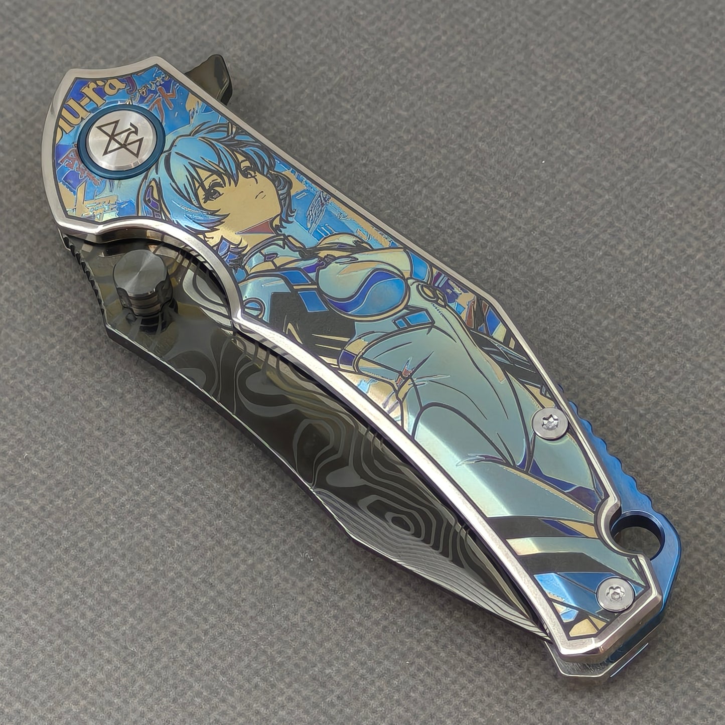 VORIXN "Reverie" (3.5" Damascus DLC-Coated Blade) Engraved Titanium Handle Flipper & Thumb Stud Folding Knife - KB116