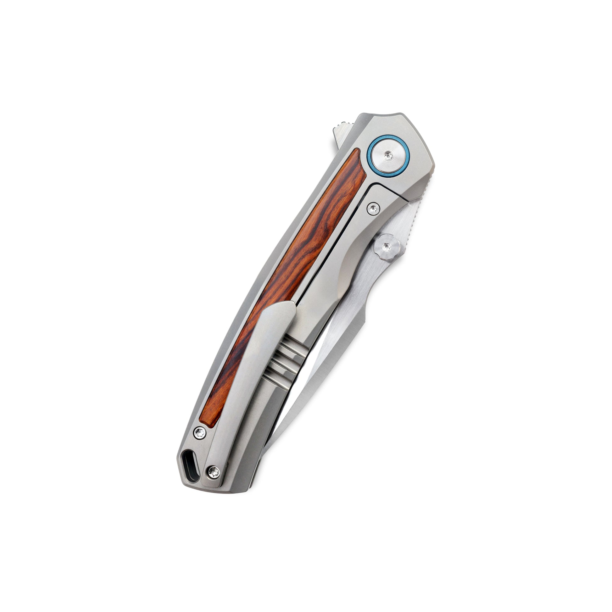 VORIXN Ironwood Crest folding knife closed with pocket clip side visible, showing full knife profile and carry design