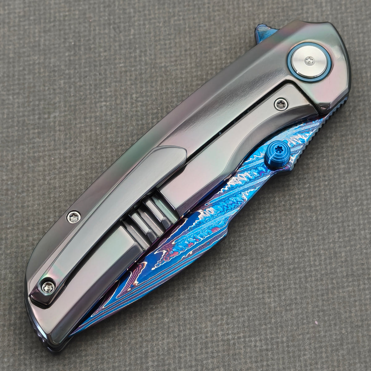VORIXN "Chromatide" (3.7" Damascus Blade)  Zirconium Handle Flipper & Thumb Stud Folding Knife - KB140