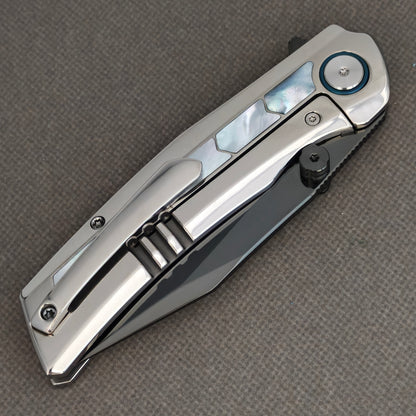 VORIXN Pearlcrest KB158 Folding Knife – closed clip side view showing pocket clip, frame lock, and mother-of-pearl inlays.