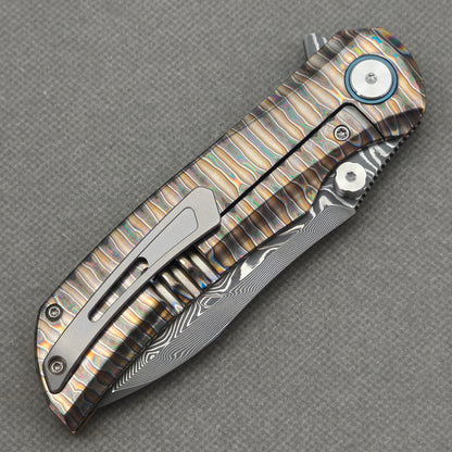 VORIXN "Flamecrest" (3.7" Damascus Blade) Hand-Flamed Titanium Handle Flipper & Thumb Stud Folding Knife - KB013