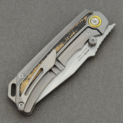 RIHE Design Folding Knife Titanium+Gold Flake Carbon Fiber Inlay Handle (3.6" M390 Blade) KB107