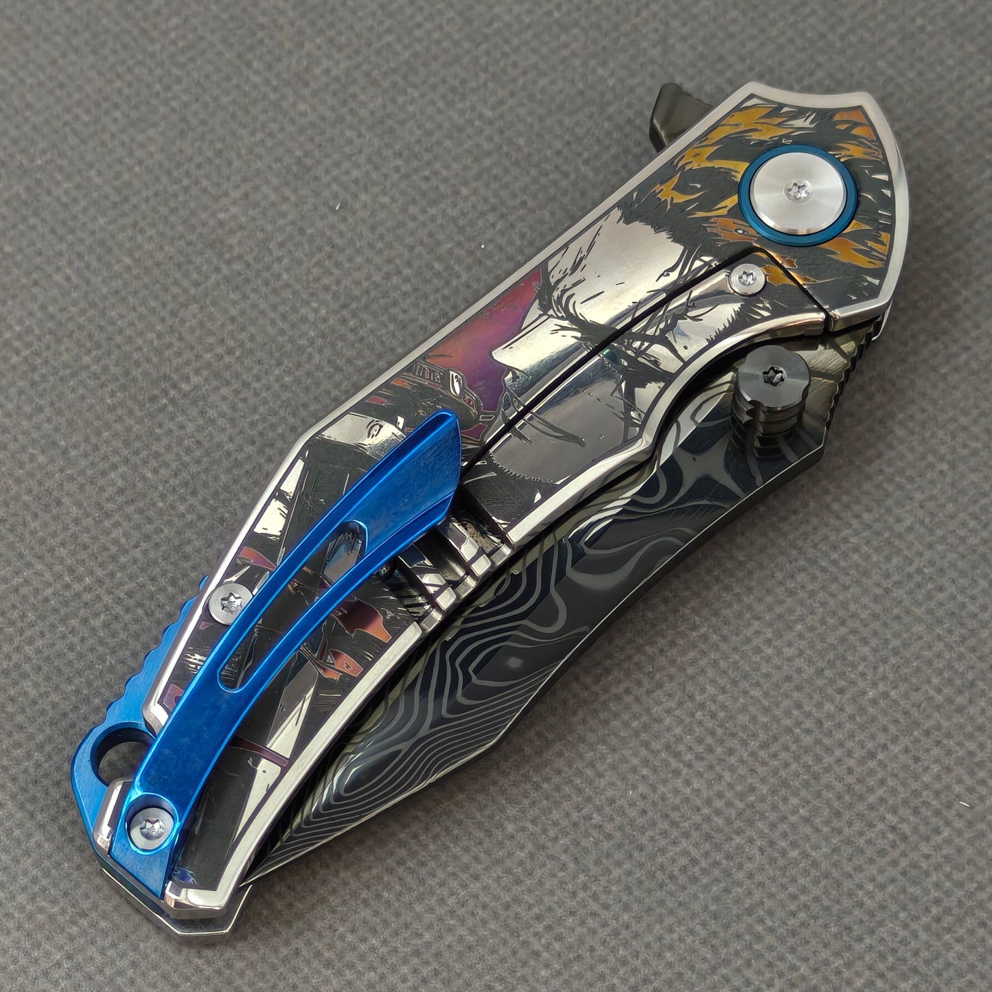 VORIXN "Valor" (3.5" Damascus DLC-Coated Blade) Engraved Titanium Handle Flipper & Thumb Stud Folding Knife - KB117