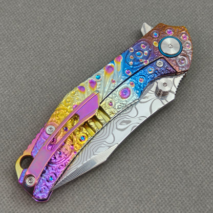 VORIXN "Prism" (3.5" Damascus Blade) Hand-Engraved & Anodized Titanium Handle Flipper & Thumb Stud Folding Knife - KB121