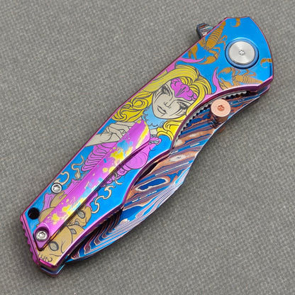 VORIXN "Fableweave" (3.8" Damascus Blade)  Titanium Handle Flipper & Thumb Stud Folding Knife - KB150