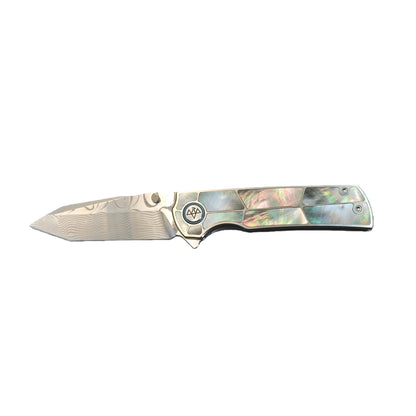 VORIXN "Forest Mirage" Flipper & Thumb Stud Knife Black Mother-of-pearl Inlaid Titanium Handle (3.4" Damascus Blade) KB059