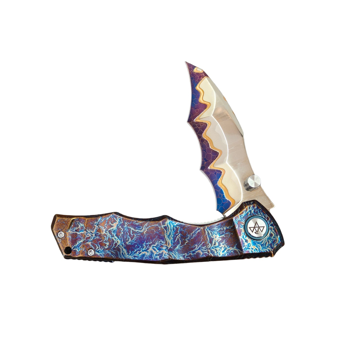 VORIXN "Drakescale" Flipper & Thumb Stud Knife Titanium Hand-Flamed Handle (3.6" Damascus Blade) KB058