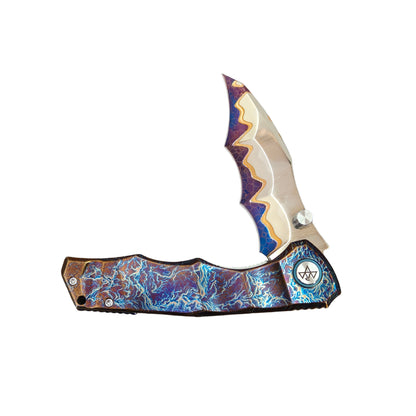 VORIXN "Drakescale" Flipper & Thumb Stud Knife Titanium Hand-Flamed Handle (3.6" Damascus Blade) KB058