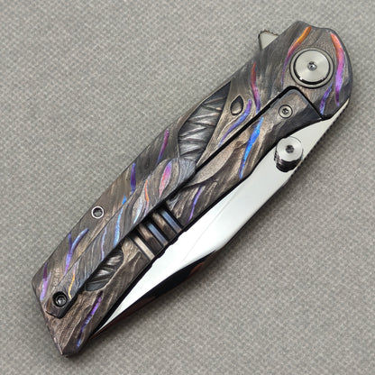 VORIXN "Voidmaw" (3.8" M390 Blade) Hand-Engraved & Anodized Titanium Handle Flipper & Thumb Stud Folding Knife - KB123