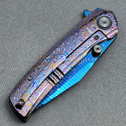 Vorixn "Celestial Vein" Flipper & Thumb Stud Knife Hand-Flamed Zirconium Handle (3.8" Damascus Blade) KB091